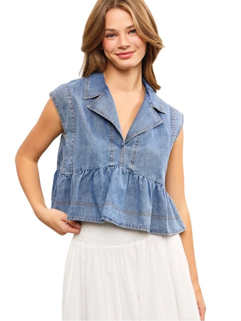 Boutique Sleeveless Babydoll Blue Denim Peplum Top Small